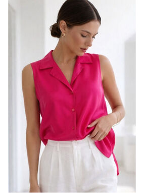 100% Silk Fuchsia Sleeveless Blouse Petite Small Button Front Lightweight Draped
